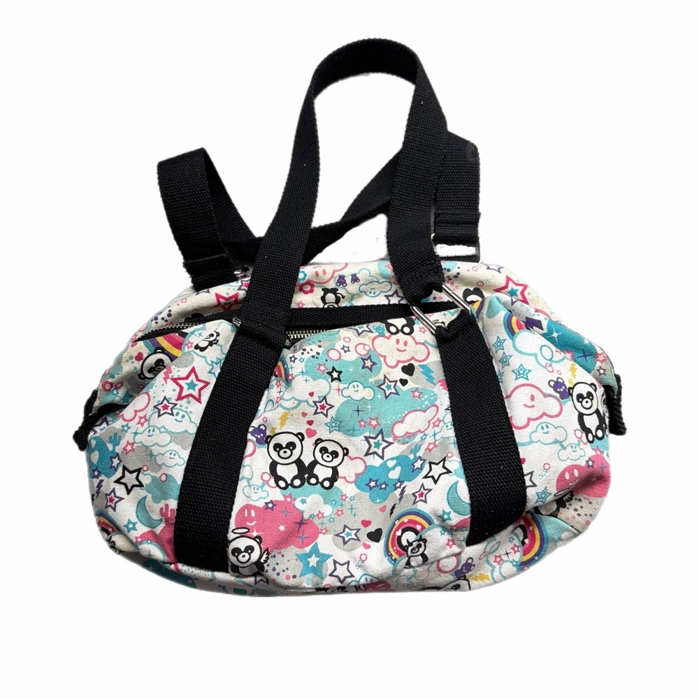 Kawaii Panda Rainbow Star Canvas Duffle Handbag White Multicolor Zip Top Bag Y2k